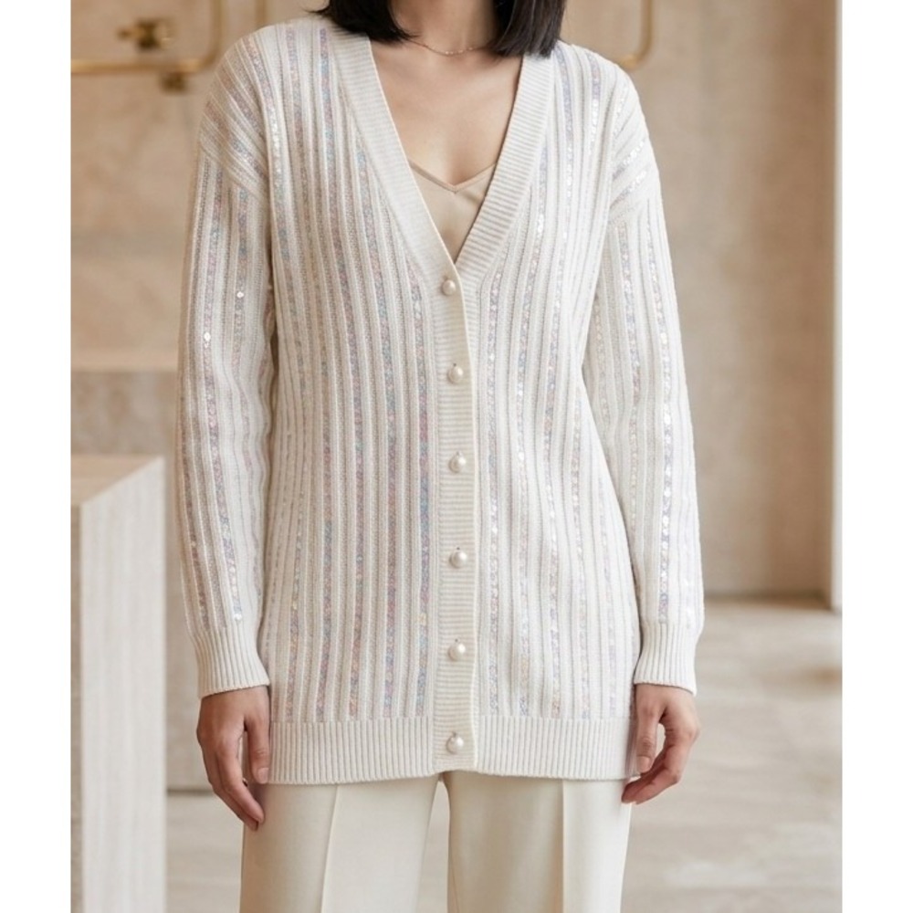 Cervelle Vintage 90s L Cream Sequin Cardigan Pearl Button V-Neck Sweater‎